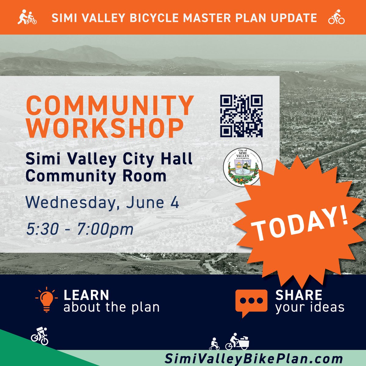Join us at the Simi Valley Bicycle Master Plan Workshop on 6/4 at 5:30 p.m. to learn more about the proposed bike network and give feedback.  The workshop, open to all ages, will be held in the City Hall Community Room. Can’t attend? take the survey 🗺️ arcg.is/LXr94