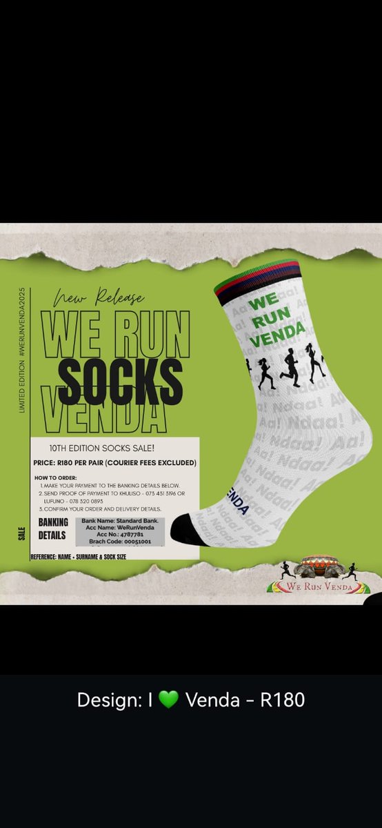 WeRunVenda's tweet image. 🔥 Breaking - News 🔥 This year we are celebrating our 10th Anniversary so we have decided add limited edition socks..!

Price: R180 per pair.

All details are on the poster on how to order.

Option 1: WeRunVenda
Option 2: I ❤️ Venda

#10thEdition #WeRunVenda #ILoveVenda #Venda