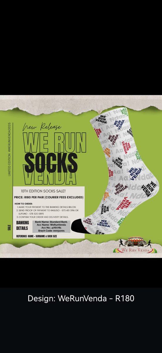 WeRunVenda's tweet image. 🔥 Breaking - News 🔥 This year we are celebrating our 10th Anniversary so we have decided add limited edition socks..!

Price: R180 per pair.

All details are on the poster on how to order.

Option 1: WeRunVenda
Option 2: I ❤️ Venda

#10thEdition #WeRunVenda #ILoveVenda #Venda