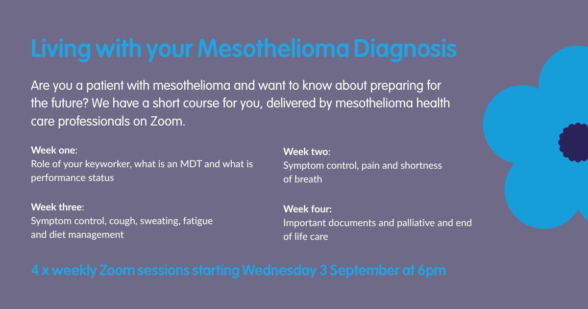 Mesothelioma UK (@mesouk) on Twitter photo Our four-week online Patient Course starts on Weds 3 Sept.
A past participant said: "I would recommend anyone going through this experience to join the course, as they say a problem shared is a problem halved."
Email support@mesothelioma.uk.com to join. Our four-week online Patient Course starts on Weds 3 Sept.
A past participant said: "I would recommend anyone going through this experience to join the course, as they say a problem shared is a problem halved."
Email support@mesothelioma.uk.com to join.