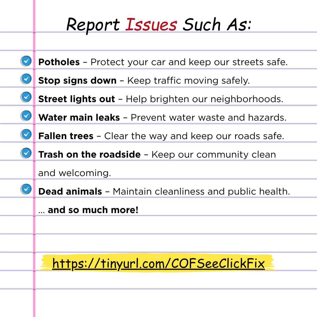 CityofFairburn's tweet image. By using SeeClickFix, you’re helping us respond faster and more effectively to community needs 🔨. 

🔗 Download the SeeClickFix app today, click the link in our bio, or visit:  tinyurl.com/COFSeeClickFix

#OneFairburn #SeeClickFix #CommunitySafety #CityOfFairburn
