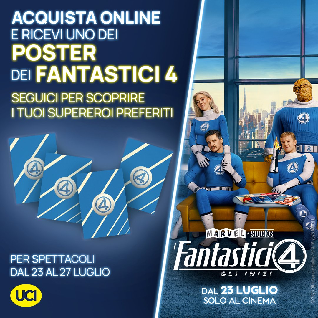 🎬 Sono ufficialmente aperte le prevendite di I Fantastici 4: Gli inizi.

Acquista il tuo biglietto online e ricevi in regalo uno dei poster esclusivi dedicati al film! 😍✨

Continua a seguire i profili di UCI Cinemas per scoprire tutte le grafiche! 🔥
ucicinemas.it/film/i-fantast…
