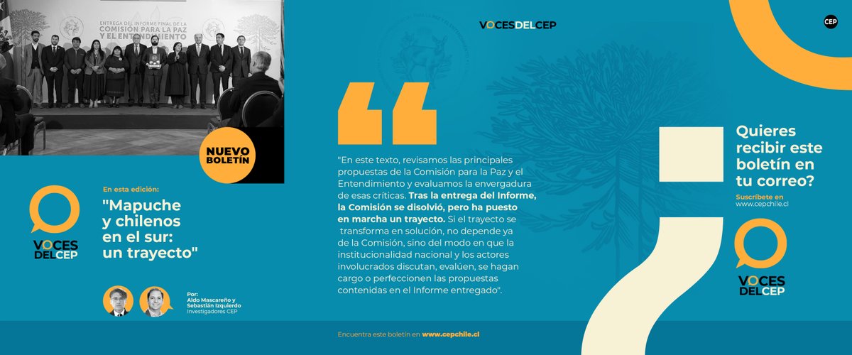 El CEP (@cepchile) on Twitter photo 📣 ¡Nuevo #VocesDelCEP! | “Mapuche y chilenos en el sur: un trayecto”
A partir del Informe Final de la Comisión para la Paz y el Entendimiento, Aldo Mascareño y <a href="/seba_izquierdo/">Sebastián Izquierdo R.</a> analizan las propuestas, sus límites y posibles riesgos.
👉 Boletín aquí: ow.ly/BcyX50W3G9o 📣 ¡Nuevo #VocesDelCEP! | “Mapuche y chilenos en el sur: un trayecto”
A partir del Informe Final de la Comisión para la Paz y el Entendimiento, Aldo Mascareño y <a href="/seba_izquierdo/">Sebastián Izquierdo R.</a> analizan las propuestas, sus límites y posibles riesgos.
👉 Boletín aquí: ow.ly/BcyX50W3G9o