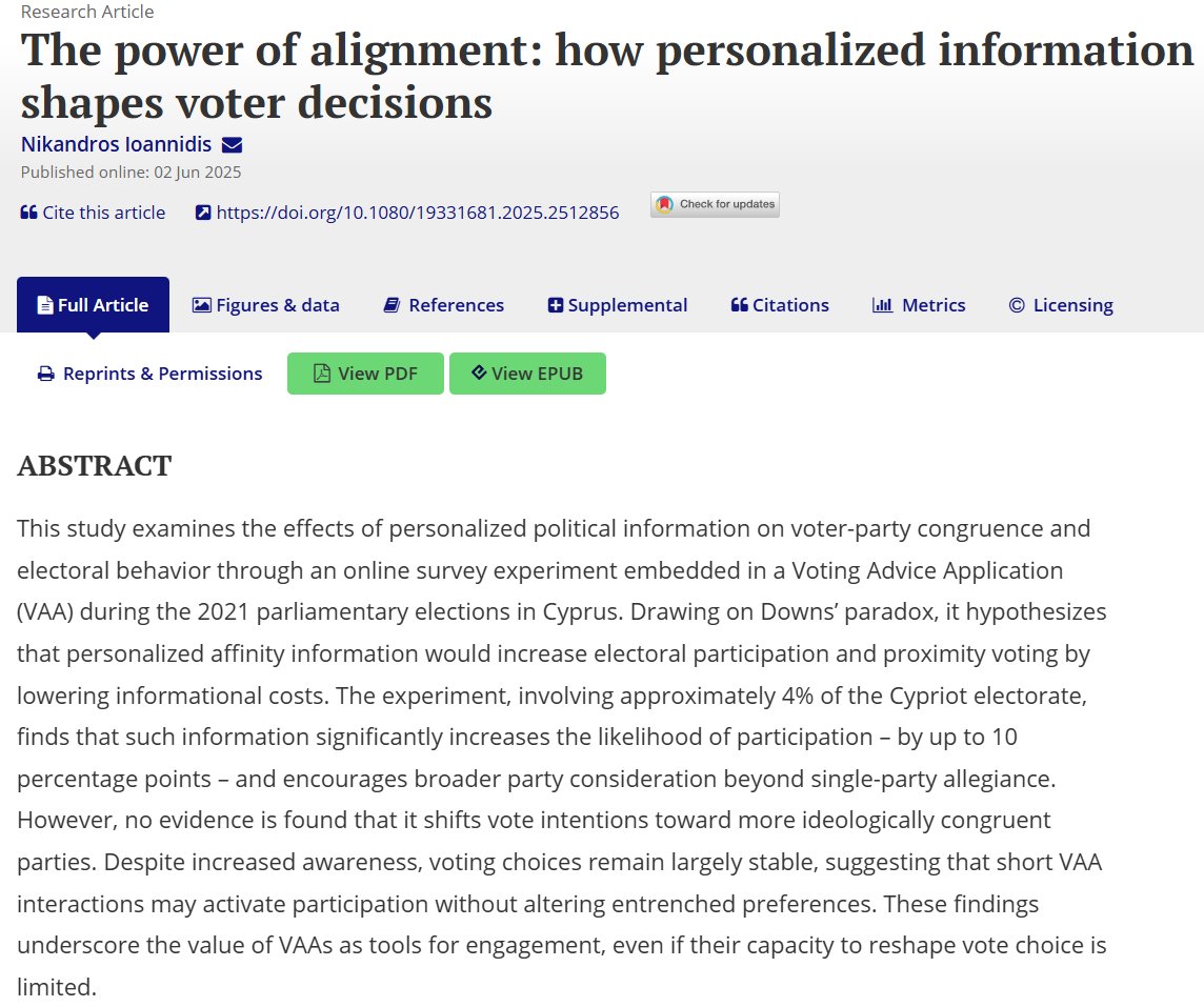 Nikandros Ioannidis (@nikandros95) on Twitter photo My latest article in <a href="/JITP_APSA/">Journal of Information Technology & Politics</a> examines how personalized political information shapes voter decisions. Results show that tailored information strongly boosts electoral participation by clarifying political options yet rarely alters established voting preferences. 1/4 My latest article in <a href="/JITP_APSA/">Journal of Information Technology & Politics</a> examines how personalized political information shapes voter decisions. Results show that tailored information strongly boosts electoral participation by clarifying political options yet rarely alters established voting preferences. 1/4