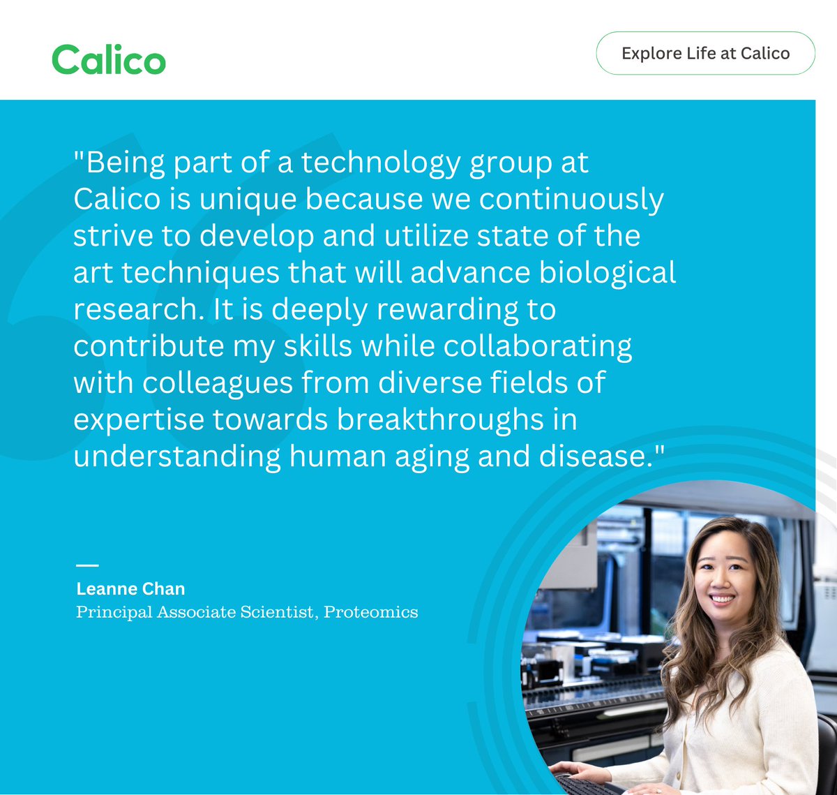 calico's tweet image. Leanne Chan, a Principal Assoc. Scientist on our Proteomics team, develops new techniques to help characterize how protein levels change over time and designs automated protein analysis workflows.
We asked why she joined Calico.
Explore Life at Calico: calicolabs.com/life-at-calico