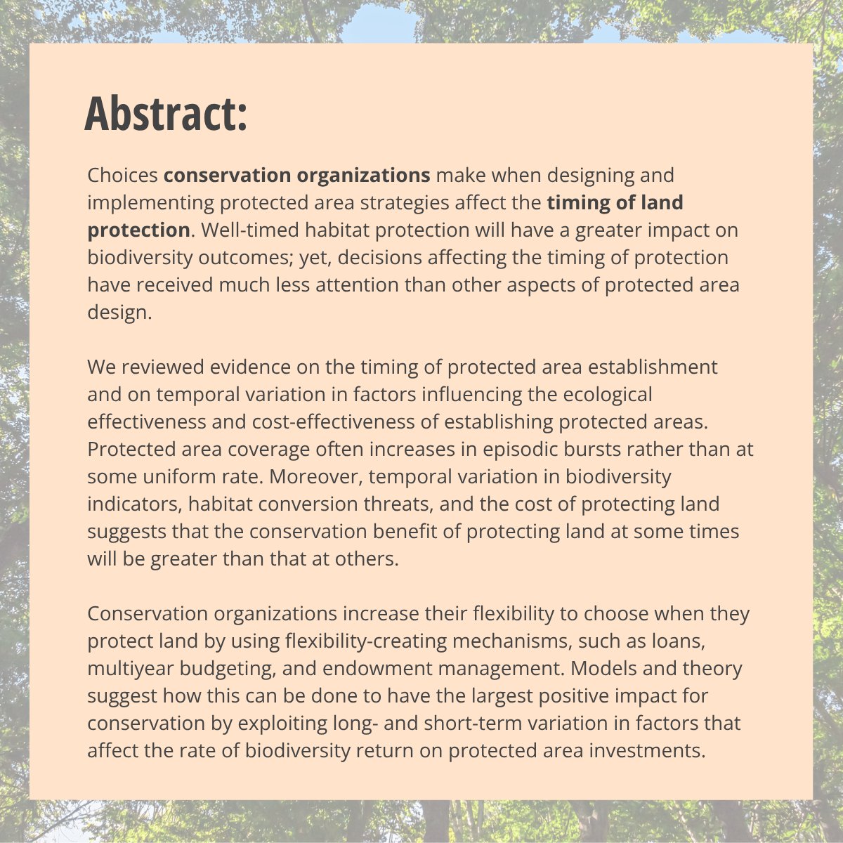 🌿 Timing matters in conservation! 🌍

Paul Armsworth co-authored an essay highlighting how the timing of protected area establishment critically shapes biodiversity outcomes.

Read more here: doi.org/10.1111/cobi.7…

#ConservationStrategy #Biodiversity #AdaptiveManagement