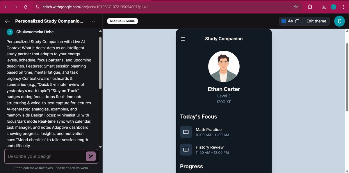 _danieluche's tweet image. Built a personalised study companion concept using
@stitchbygoogle✨
Exploring the UX and adaptive features was super exciting - AI + education is a game changer!
#ALX_AiSK #AIinEdTech #UXDesign
@alx_africa @lowercase_life @kalibetre @julienbarbier42
