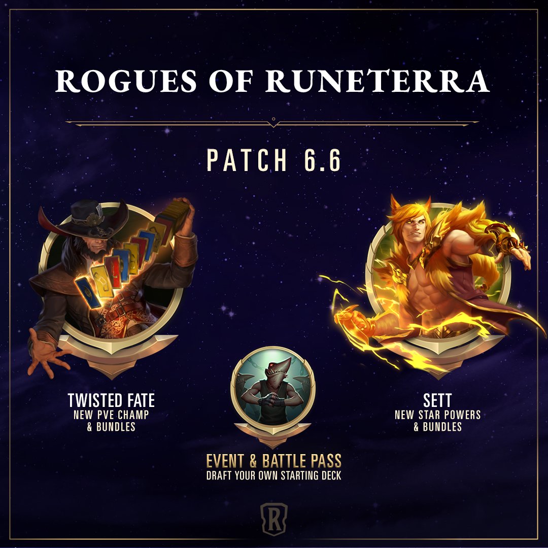 PlayRuneterra's tweet image. The whole crew is finally here. Twisted Fate joins the Path of Champions & Sett gets a new Constellation. Plus a new draft-filled hard mode version of "The Grand Heist" storyful adventure gets added to the Rogues of Runeterra Event along with new event rewards. The new patch goes…
