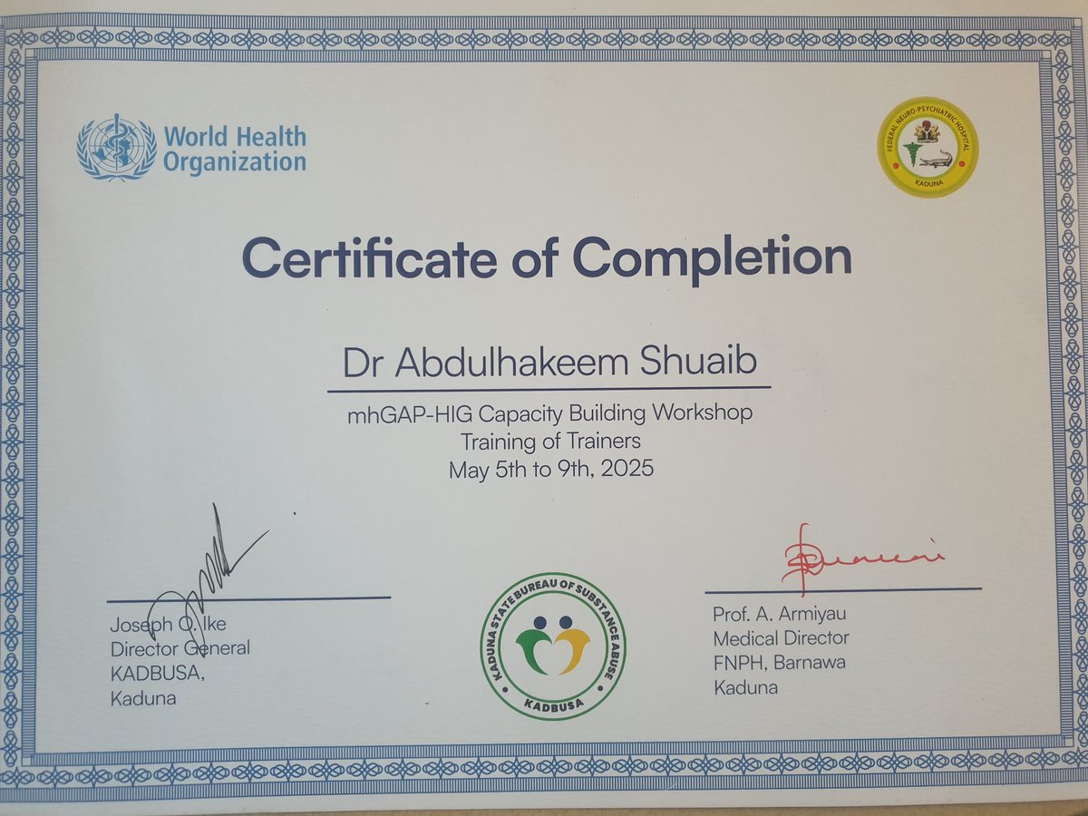 abdlhakimshuaib's tweet photo. MhGAP-HIG Training of Trainers certificate 🎓 .
Special thanks 2 my MD Prof. Aishatu Armiyau, &amp; the DG, KADBUSA 4 ur unwavering support &amp; leadership.
2gether, we’re shaping a stronger  mental health in our communities! 💪🌍
#MentalHealth #WHO #mhGAP  #PublicHealth #GlobalHealth https://t.co/TAsB9xdfEG