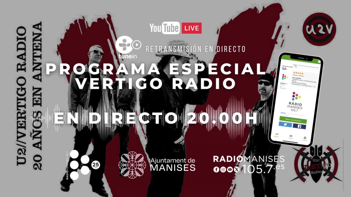Programa - Especial 25ª - U2 Vértigo Radio - 11/Junio/ 25 - 20:00h ... Podrás asistir como público (Sala Polivalente) edificio Mumaf, en la Avenida Tramvies,15 Manises, Valencia. <a href="/u2vertigoradio/">Vertigo Radio</a> <a href="/U2Valencia/">U2Valencia</a>

Evento YouTube Live
youtube.com/live/GYZ_wgqJa…