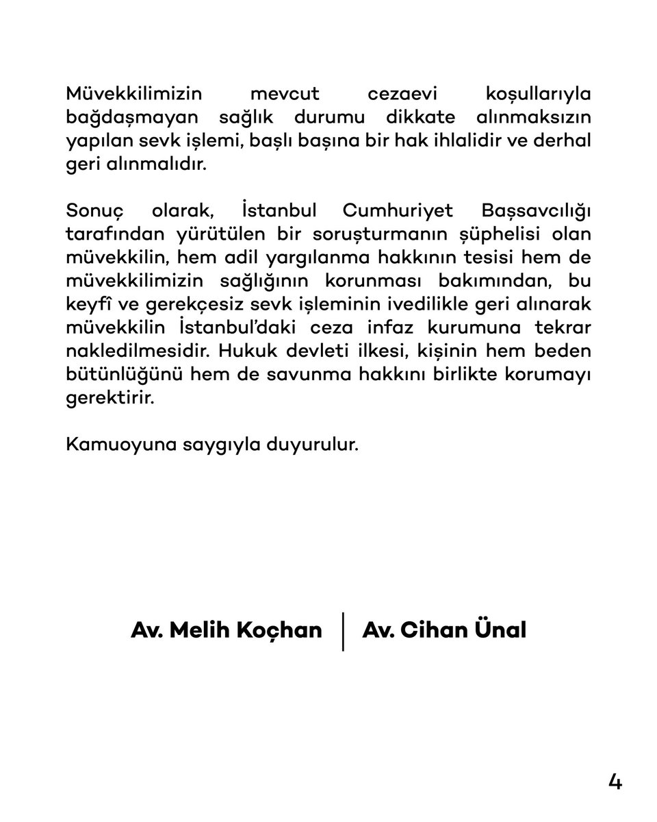 İzmir’e nakilim ve yaşanan son gelişmelere ilişkin vekil avukatlarımın resmi açıklamasıdır.