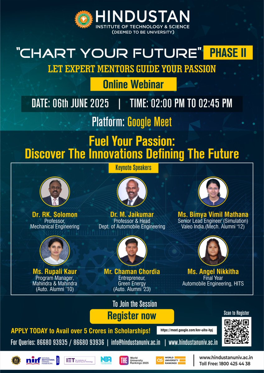 AutodeptHits's tweet image. &quot;Join us for an exclusive &quot;CHART YOUR FUTURE&quot; Phase-II Online Webinar hosted by the School of Engineering and Technology at Hindustan University! 🚗
Date: 6th June
Time: 2:00 PM to 2:45 PM IST
Google Meet link-meet.google.com/knr-uihx-hpj 

#ExpertTalk #chartyourfuture