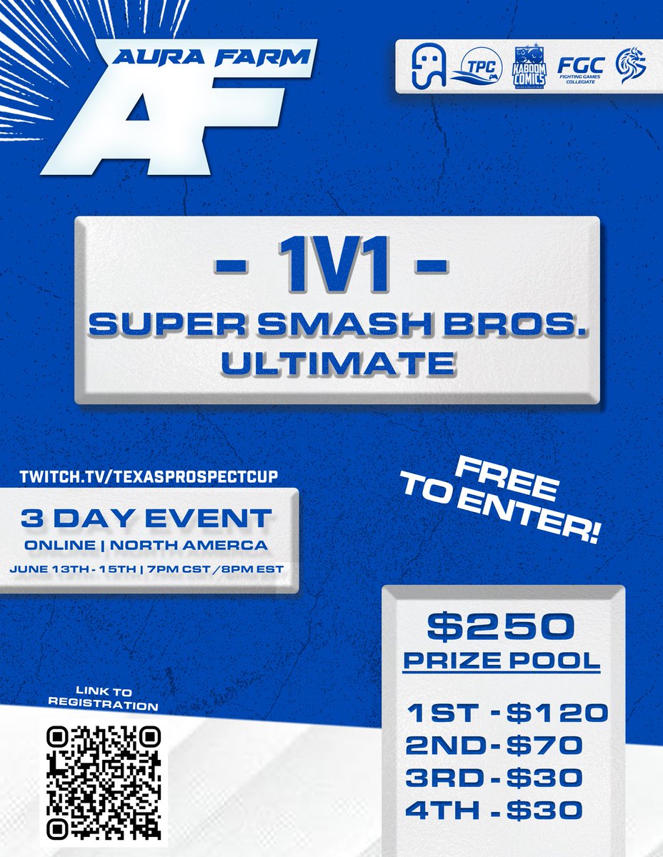 🚨Get ready to train on the farm as we would like to announce AURA FARM #2!

- $250 Prize Pool
- 3 Day Event 
- Online
- Open to all of North America 

Let’s see which SSBU players become the cream of the crop!

Friday June 13th-15th | 7pm CST/8pm EST

⚫️⚪️🔵🌾
#AuraFarm | #FGC