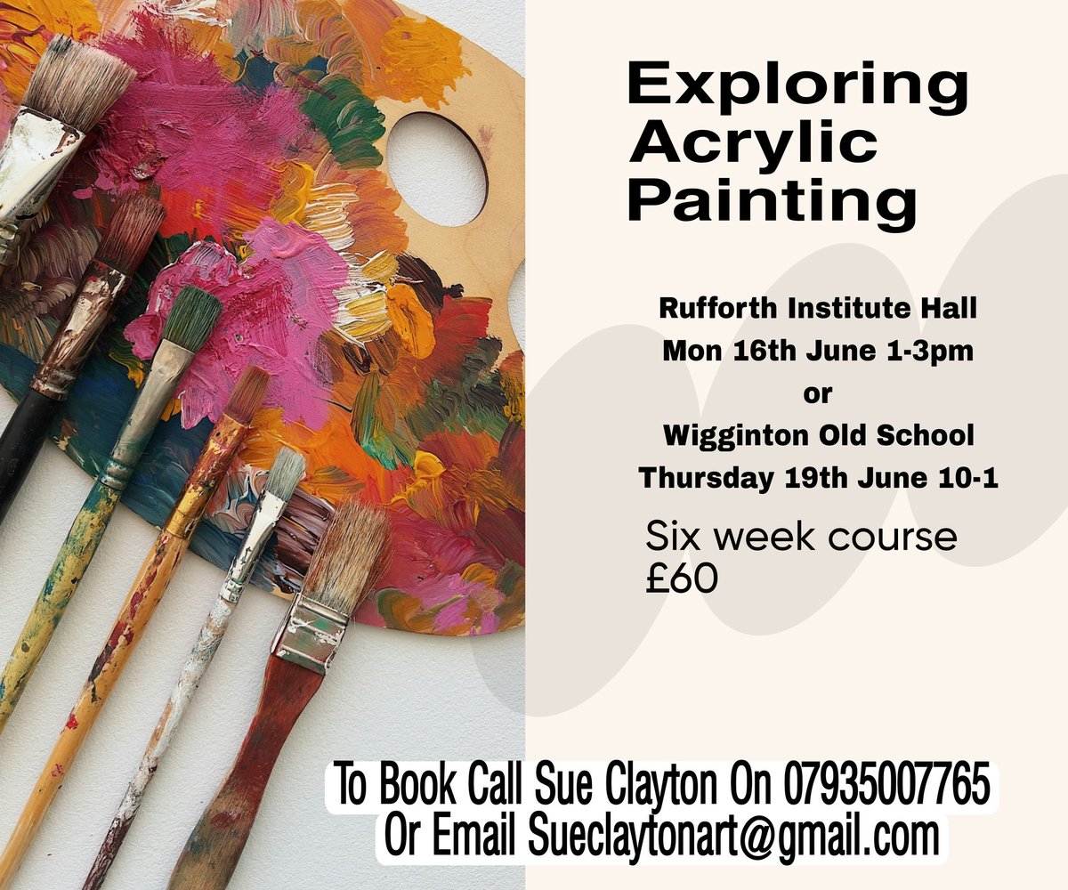 sueclaytonart's tweet image. Exploring Acrylic Painting. New 6 week course starting from 16th June, two venues to choose from. Come along and join in the fun with paint. Great for all, especially suitable of you've not used acrylics for a while. Complete beginners welcome.
#learntopaint #artclass #york