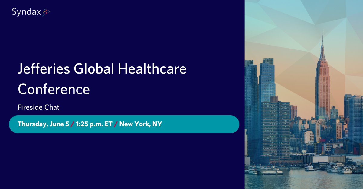 #MarkYourCalendars: Tomorrow, members of Syndax management will take the stage at the Jefferies Global Healthcare Conference for a fireside chat at 1:25 p.m. ET.

Discover how we are reimagining cancer care by tuning in below:
bit.ly/4jFpiPV

A live replay will be