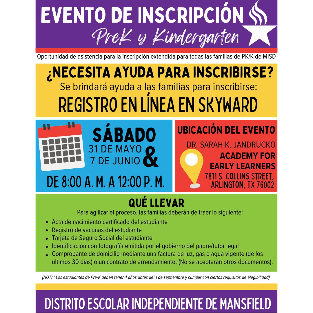 📚✨ MISD Pre-K &amp; Kindergarten Enrollment Event!
Join us for in-person assistance with online registration on Skyward and to complete Pre-K Eligibility!

📅 Date: Saturday, June 7
🕗 Time: 8:00 AM – 12:00 PM
📍 Location: Dr. Sarah K. Jandrucko Academy for Early Learners