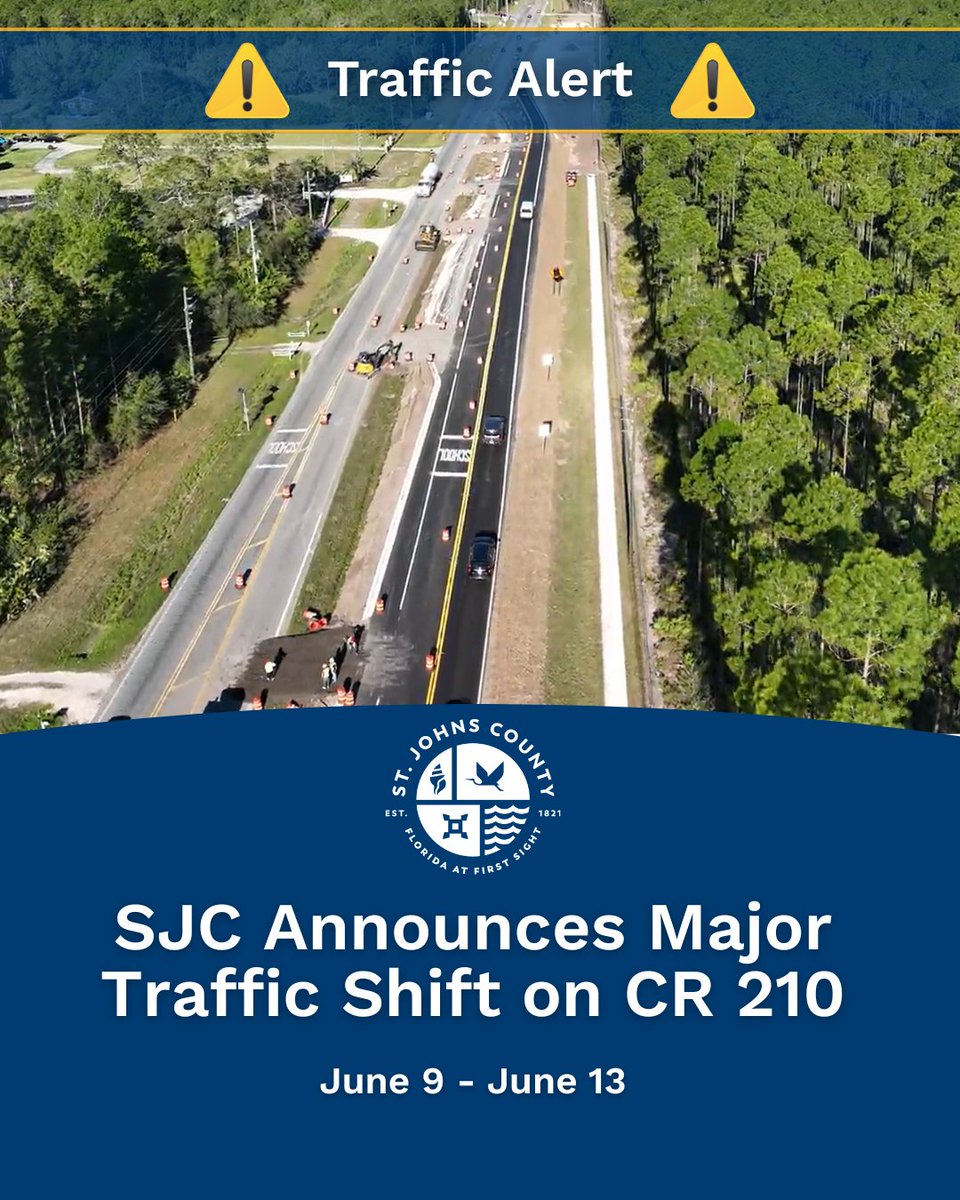StJohnsCounty's tweet photo. ⚠️ Traffic Alert for CR 210 ⚠️
Drivers traveling on County Road 210 from Trinity Way to Beachwalk Boulevard can expect delays from Monday, June 9 - Friday, June 13. https://t.co/OWFNGh0IrQ
@TeamSJSO #MySJCFL #PublicWorksAtWork https://t.co/AnnyYNlGCW