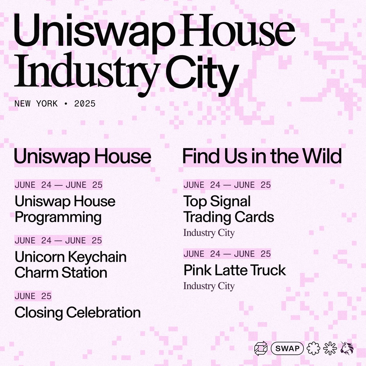 Uniswap's tweet image. It’s official: Uniswap House is coming to NYC 

Tap into talks from the top minds in DeFi (with plenty of fun surprises in store)

Right around the corner from Permissionless 👀