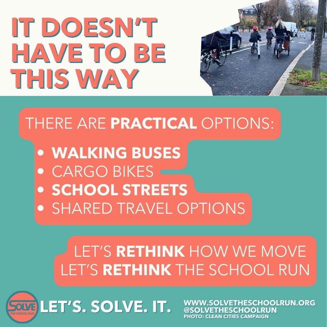 🚗480,000 morning car trips in London are school runs.
That’s nearly half a million short, polluting journeys - everyday.
But it doesn’t have to be this way:
Walking buses
Cargo bikes
School streets
Shared travel
Better for the planet &amp; your pocket.

Let’s #SolveTheSchoolRun
