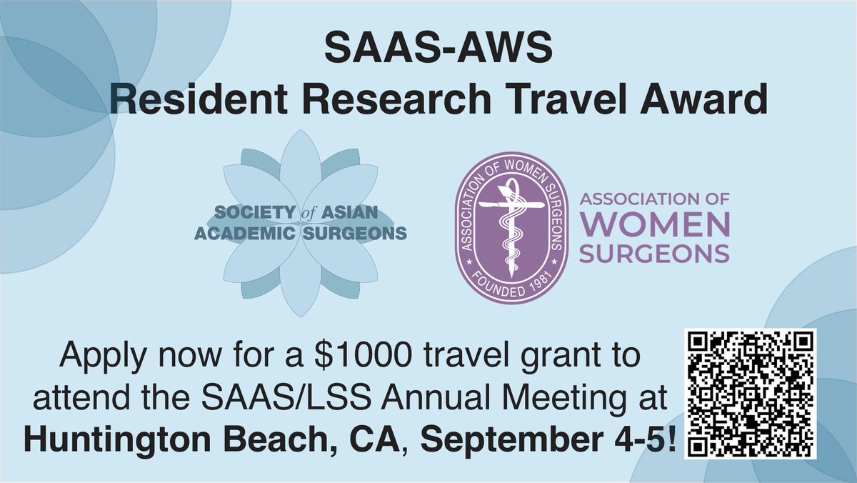 SocAsianAcadSurg (@asianacadsurg) on Twitter photo Apply now for the 2025 SAAS-AWS Resident Research Travel Award!
$1000 to attend the SAAS Annual Meeting in Huntington Beach, CA 🌴
🗓 Deadline: June 13, 2025
📍 Meeting: Sept 4–5, 2025
📑 Details: tinyurl.com/SAAS-AWS-AWARD
<a href="/AsianAcadSurg/">SocAsianAcadSurg</a> <a href="/WomenSurgeons/">WomenSurgeons</a> @CityofHope Apply now for the 2025 SAAS-AWS Resident Research Travel Award!
$1000 to attend the SAAS Annual Meeting in Huntington Beach, CA 🌴
🗓 Deadline: June 13, 2025
📍 Meeting: Sept 4–5, 2025
📑 Details: tinyurl.com/SAAS-AWS-AWARD
<a href="/AsianAcadSurg/">SocAsianAcadSurg</a> <a href="/WomenSurgeons/">WomenSurgeons</a> @CityofHope