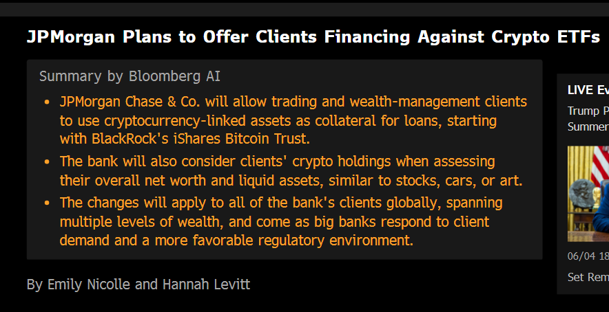 TFTC21's tweet photo. JP Morgan will now offer loans backed by #Bitcoin ETFs. https://t.co/PD6j1cUGkH