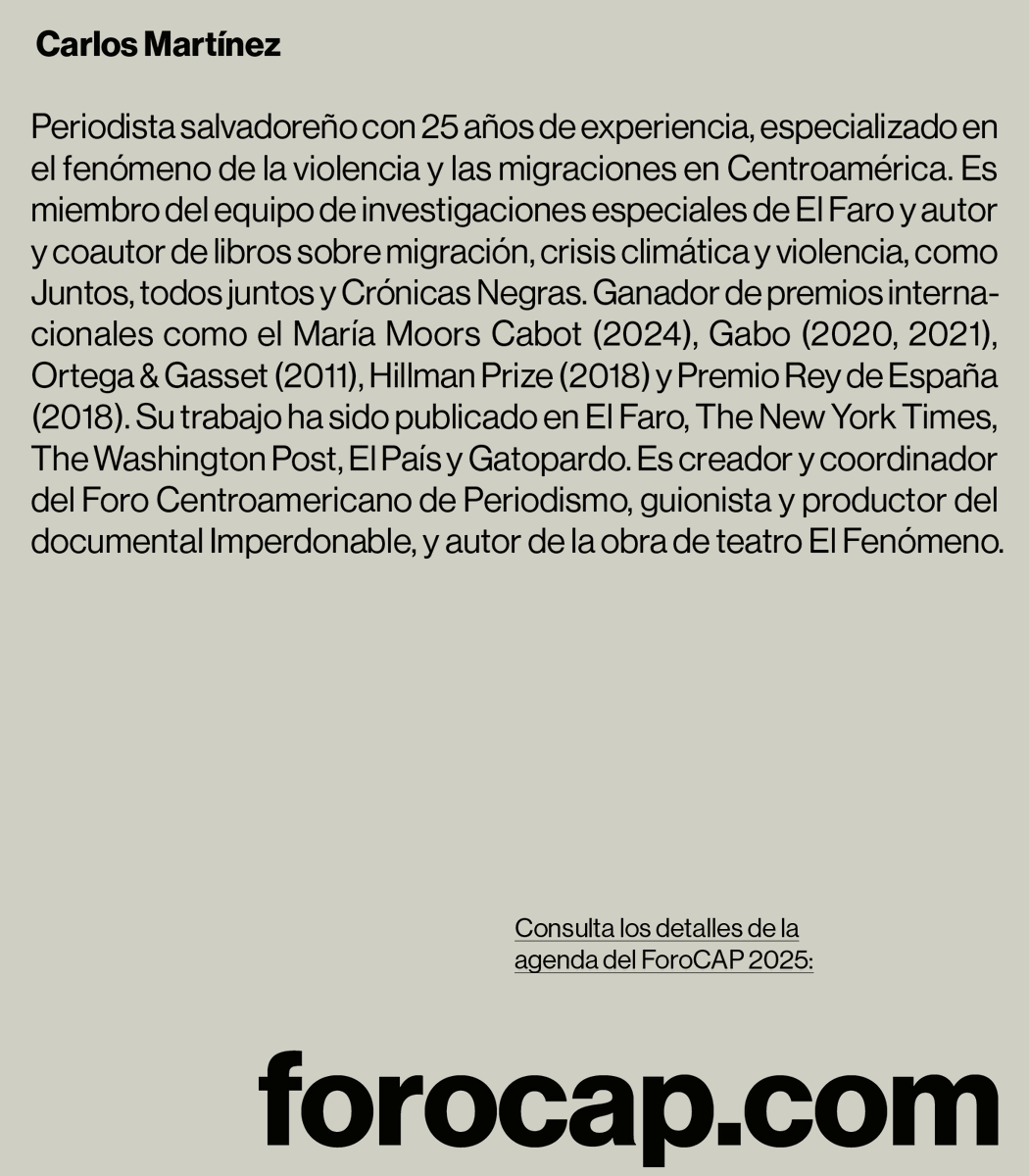🗞️ Carlos Martínez en el #ForoCAPSanJosé2025
Periodista salvadoreño especializado en violencia y migración. Creador del ForoCAP, guionista de Imperdonable y autor de El Fenómeno.

📍 5 y 6 de junio, San José. ¡No te lo puedes perder!