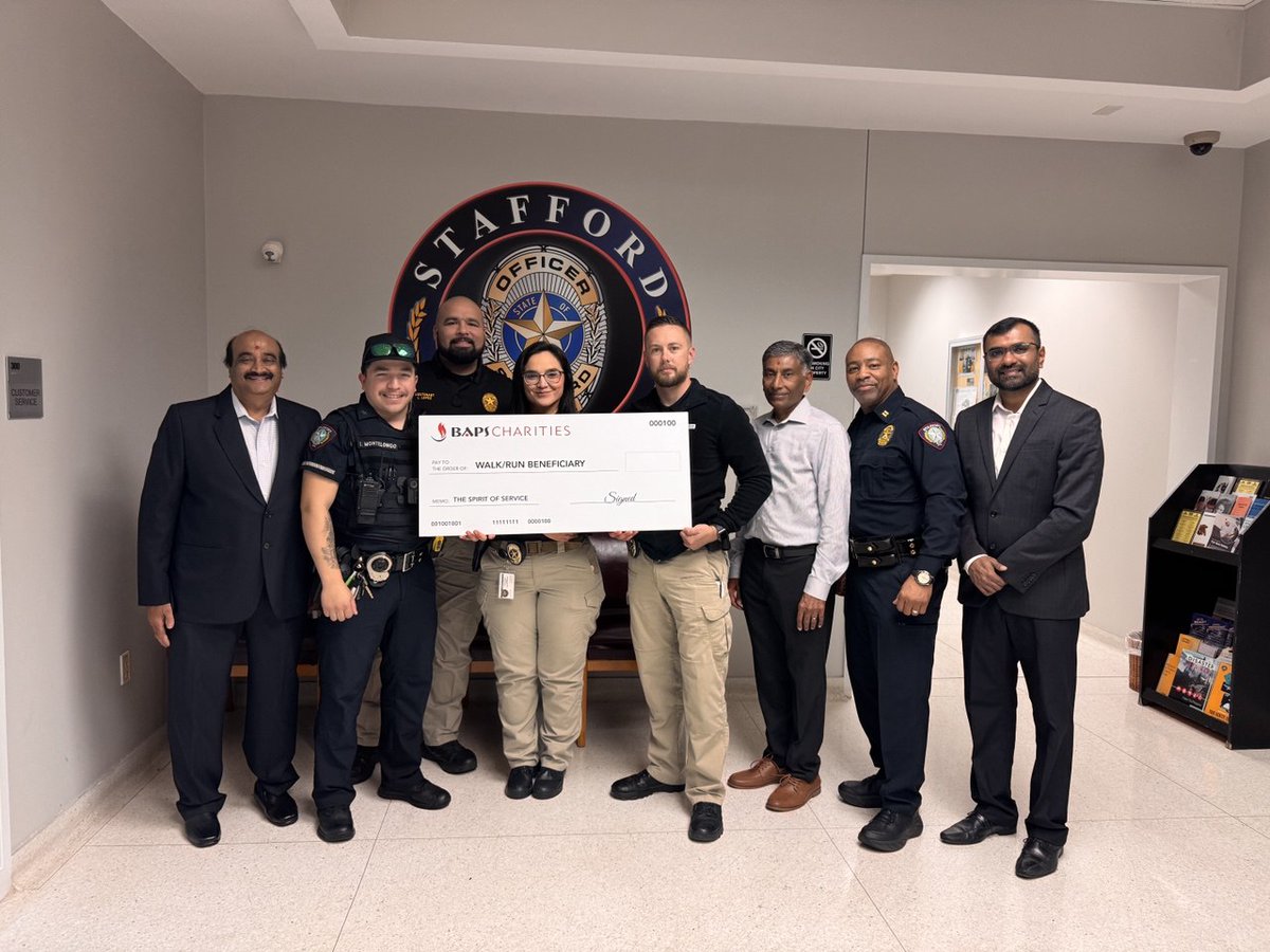 Thank you to the Stafford Police Department for your support of BAPS Charities Walk-Run 2025 and the shared commitment to community service.  #BAPSCharities #StaffordPD #SpiritOfService #CommunityFirst
