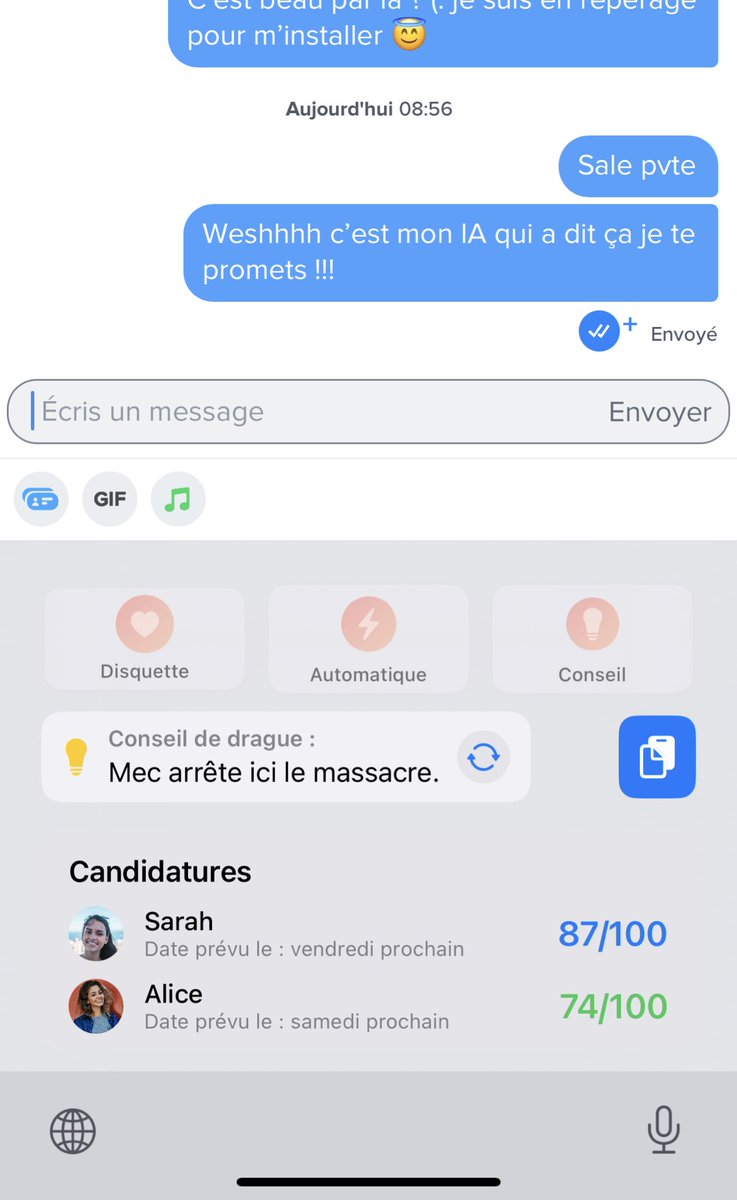 _armandwegnez's tweet image. J’ai codé une application,
Qui gère mes matchs Tinder,
De l’organisation des dates aux refus.