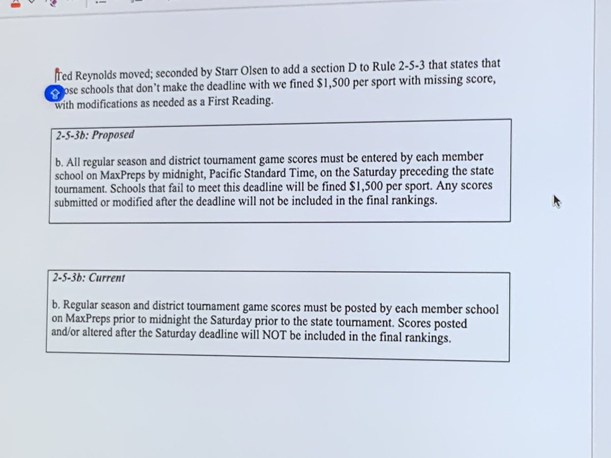 Rule 2-5-3b: MaxPreps Fines

The proposal is to implement a $1,500 fine PER SPORT for schools that do not enter in their total and complete schedule and results.

This is so that programs don’t try to manipulate the rankings by not entering in certain games or scores.

Motion