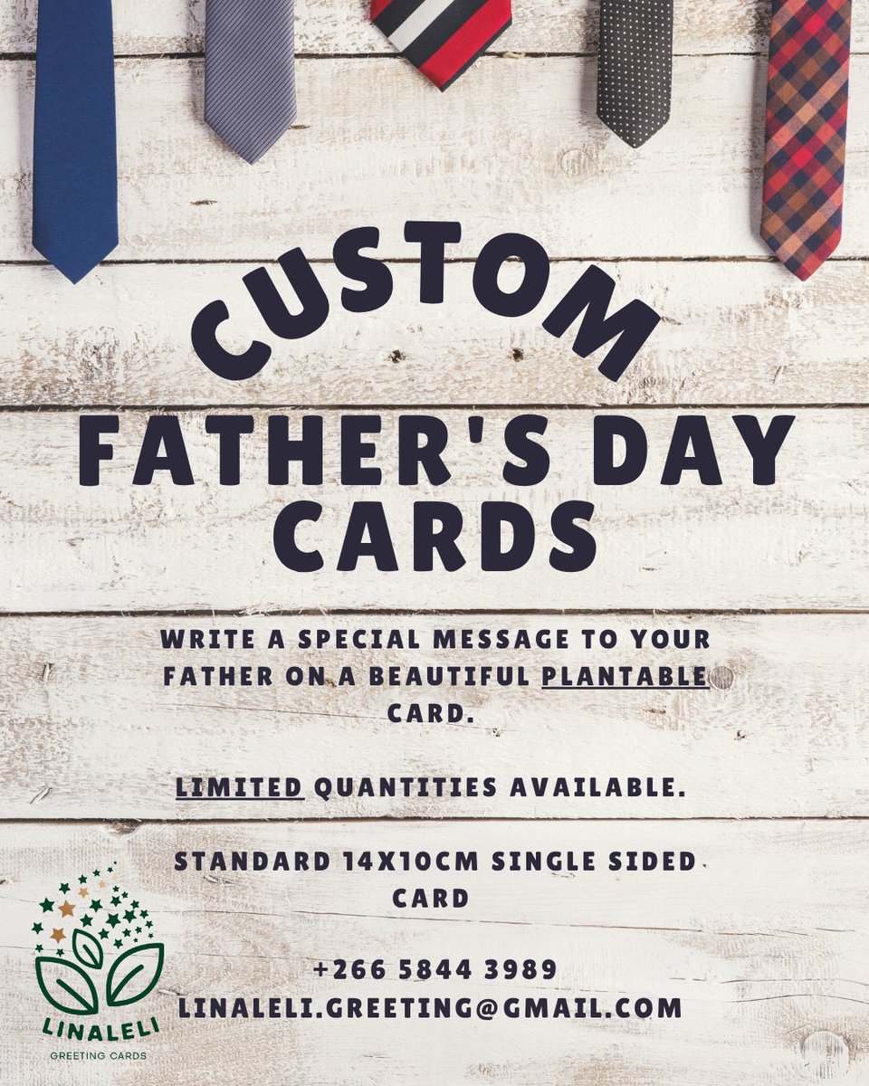 Poppa's Day on the 15th of June...

Surprise dad with a cute heartfelt message printed on a beautiful plantable card!

Limited quantities available.

+266 5844 3989 / linaleli.greeting@gmail.com