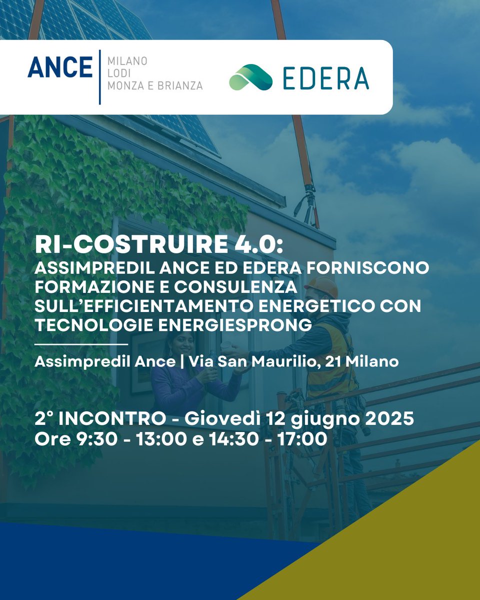 Prosegue il percorso formativo di #AssimpredilAnce ed EDERA dedicato alla riqualificazione energetica con tecnologie off-site e approccio Energiesprong. Il secondo incontro si terrà giovedì 12 giugno 2025, dalle 9:30 alle 17.

Scopri di più ➡️ portale.assimpredilance.it/eventi/ri-cost…