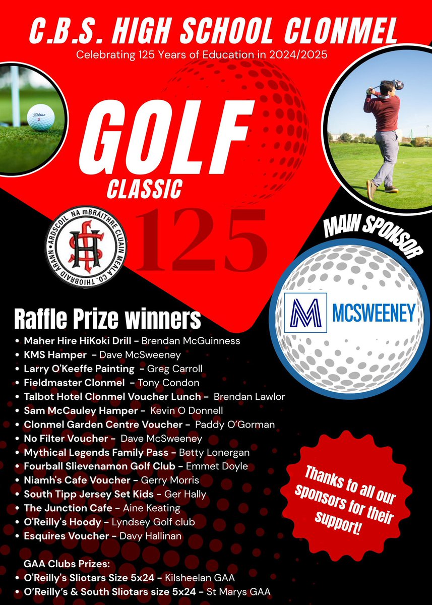 hsclonmelcbs's tweet image. Well done to all those who won prizes in our Golf Classic Raffle!
Thanks to all who bought tickets or sponsored raffle & competition prizes!
We will be in touch with all winners!