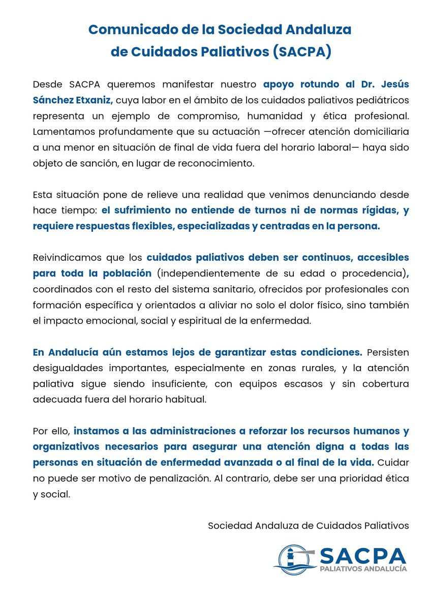 Comunicado de <a href="/sacpaandalucia/">Paliativos Andalucia</a> en apoyo rotundo a nuestro compañero Jesús S. Etxaniz
➡️ Instamos a las administraciones a reforzar los recursos necesarios para asegurar #CuidadosPaliativos a todas las personas, independientemente de su edad o procedencia, en el final de la vida