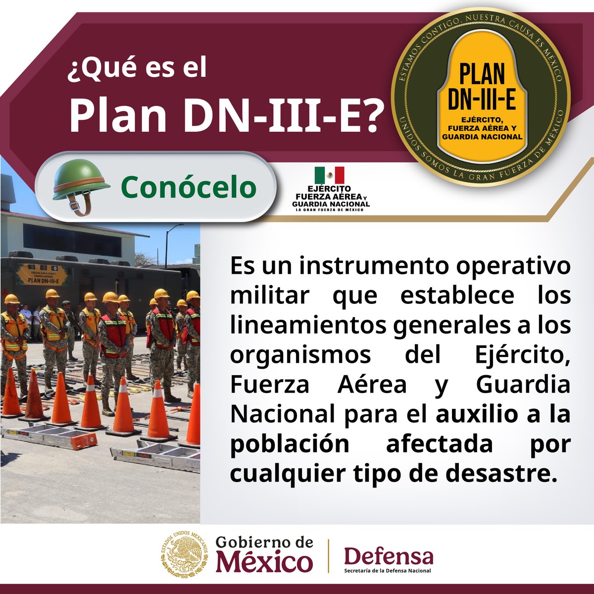 Defensamx1's tweet photo. ¿Sabes que es el Plan #DNIIIE?

Es un plan de auxilio a la población civil en casos de desastre que sirve como instrumento operativo militar que establece los lineamientos generales a los organismos del #EjércitoMexicano, #FuerzaAéreaMx y #GuardiaNacional para el auxilio a la población afectada por cualquier tipo de desastre.
#GuardianesDeLaSoberanía #LaGuardiaNacionalEstáContigo