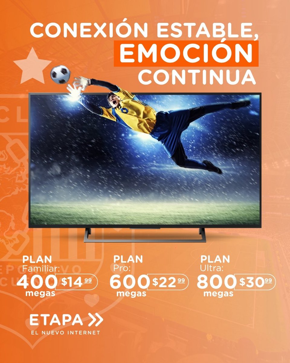 ⚽ El mejor pase… es al internet de ETAPA

📶 Alta velocidad que no te deja en fuera de juego

🔥 Planes perfectos para tu hogar o negocio

📞 Cámbiate al 0994582835