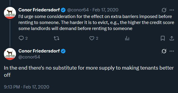 I love when people frame zoning in strong moral terms, but rent control and eviction protections in strictly practical terms - because it reveals that all they actually care about are property rights.