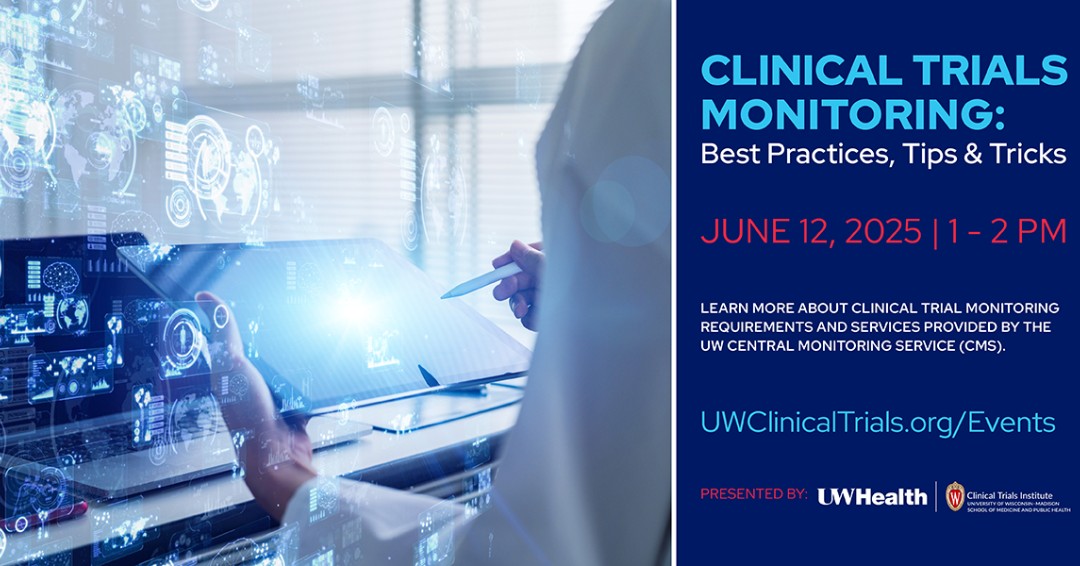 NEXT WEEK! For UW–Madison faculty, staff, students, &amp; UW Health employees: UW Clinical Trials Institute's research forum webinar featuring Monitoring Best Practices, Tips &amp; Tricks on June 12, from 1-2pm.

Info &amp; register: uwclinicaltrials.org/event/monitori…