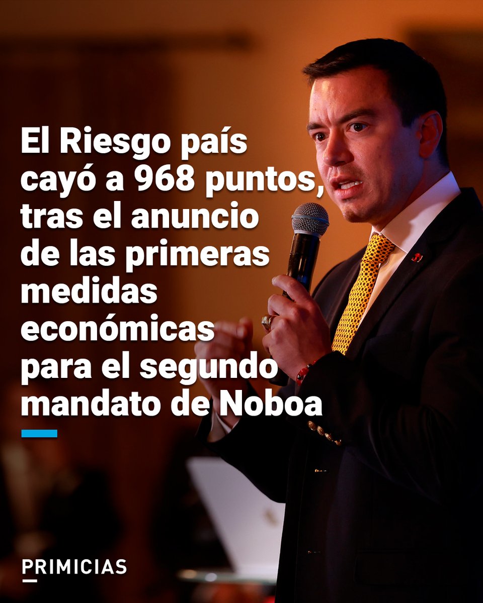 El riesgo país cayó 114 puntos y se ubicó en 968 puntos este 3 de junio de 2025, luego de que el Gobierno confirmó medidas de ajuste, como eliminación de subsidios y alza de tarifas eléctricas.  prim.ec/Nab050W4gAQ
