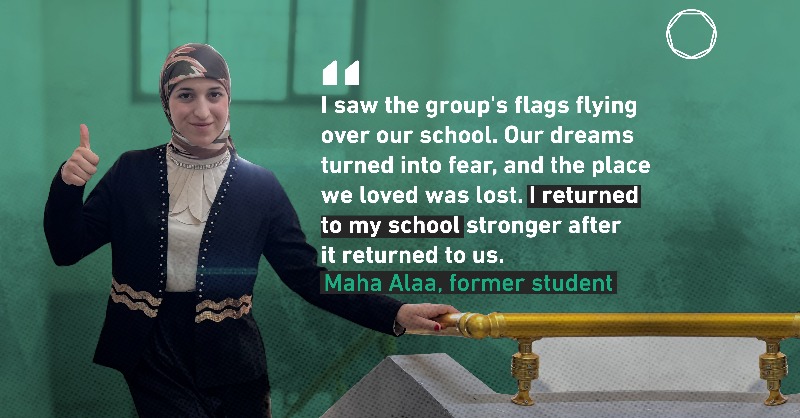 coalition's tweet photo. Daesh left schools in ruins. Some lay abandoned for years, but in Al-Azal, 22 determined teachers formed part of a volunteer group that rebuilt one of these schools. Today the school educates 480 students every day. #TogetherForIraq