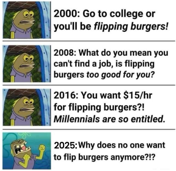 Actually we want more than $15/hr to flip burgers now, thanks.