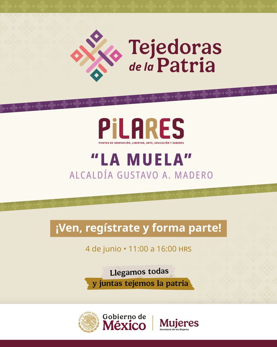Secretaría de las Mujeres (@mujeresgobmx) on Twitter photo ¿Vives en Gustavo A. Madero?
Este 4 de junio, acércate al <a href="/CdmxPilares/">PILARES CDMX</a> "La Muela" y conviértete en Tejedora de la Patria. 🌸
Súmate a esta red de mujeres que impulsa el cambio desde sus comunidades.
👉tejedorasdelapatria.mujeres.gob.mx
#TejedorasDeLaPatria #EsTiempoDeMujeres ¿Vives en Gustavo A. Madero?
Este 4 de junio, acércate al <a href="/CdmxPilares/">PILARES CDMX</a> "La Muela" y conviértete en Tejedora de la Patria. 🌸
Súmate a esta red de mujeres que impulsa el cambio desde sus comunidades.
👉tejedorasdelapatria.mujeres.gob.mx
#TejedorasDeLaPatria #EsTiempoDeMujeres