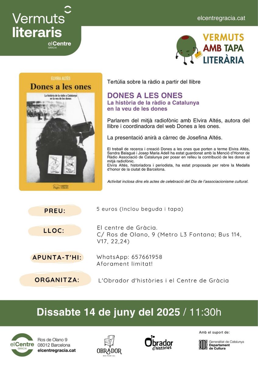 🍸 Vermuts literaris!
<a href="/donesalesones/">Dones a les ones 🎙️</a> 
Amb <a href="/ealtes8085/">elvira altes</a> 

📅 14/6
🕒 11:30 h
📍<a href="/ELCENTREGRACIA/">EL CENTRE GRÀCIA</a>
🎫  5 € (beguda i tapa)
📲 WhatsApp: 657661958