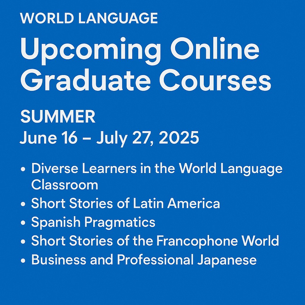 Enroll in an online graduate courses this
Summer: June 16. 
Diverse Learners in the WL Classroom
Short Stories of Latin America
Spanish Pragmatics
Short Stories of the Francophone World
Business Japanese
Learn more and register: worldlanguagepd.com/graduate-cours…
#LanguageTeachers