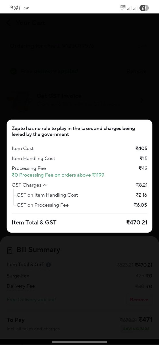 getting__iNsAnE's tweet photo. Can someone regulate this please. How in the world are these online grocery apps charging? Same order on different phone for same place has 2 different taxation. @ZeptoNow @jagograhakjago https://t.co/y4qrZfbNt2