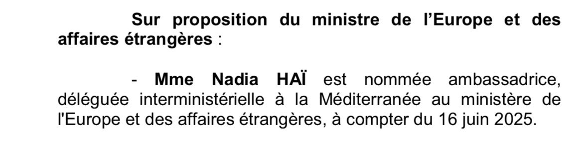 Conseil des ministres : l'ancienne ministre de la Ville <a href="/NadiaHAI78/">Nadia HAI</a> est nommée ambassadrice, déléguée interministérielle à la Méditerranée. Elle avait perdue son siège de députée en juillet dernier après avoir été battue par <a href="/aur_rousseau/">Aurélien Rousseau</a>