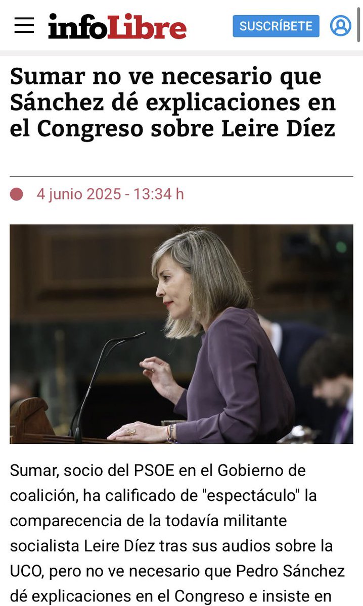 Sumar no apoya la petición de comparecencia de Podemos y ERC para que intervenga Pedro Sánchez, a raíz de las actuaciones de Leire Díez.

No es la primera vez. El partido de Yolanda Díaz ya se desmarcó de Compromís cuando pedían citar a Pedro Sánchez en la comisión de la DANA