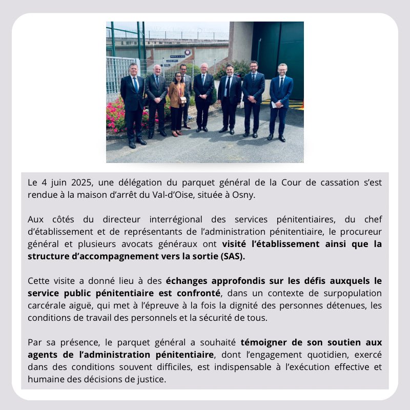 Rémy Heitz (@remy_heitz_pg) on Twitter photo En visitant ce jour la maison d’arrêt du Val-d’Oise à Osny, le parquet général de la <a href="/courdecassation/">Cour de cassation</a> témoigne sa solidarité et son entier soutien à l’ensemble des membres de l’administration pénitentiaire.
<a href="/justice_gouv/">Ministère de la Justice</a> En visitant ce jour la maison d’arrêt du Val-d’Oise à Osny, le parquet général de la <a href="/courdecassation/">Cour de cassation</a> témoigne sa solidarité et son entier soutien à l’ensemble des membres de l’administration pénitentiaire.
<a href="/justice_gouv/">Ministère de la Justice</a>