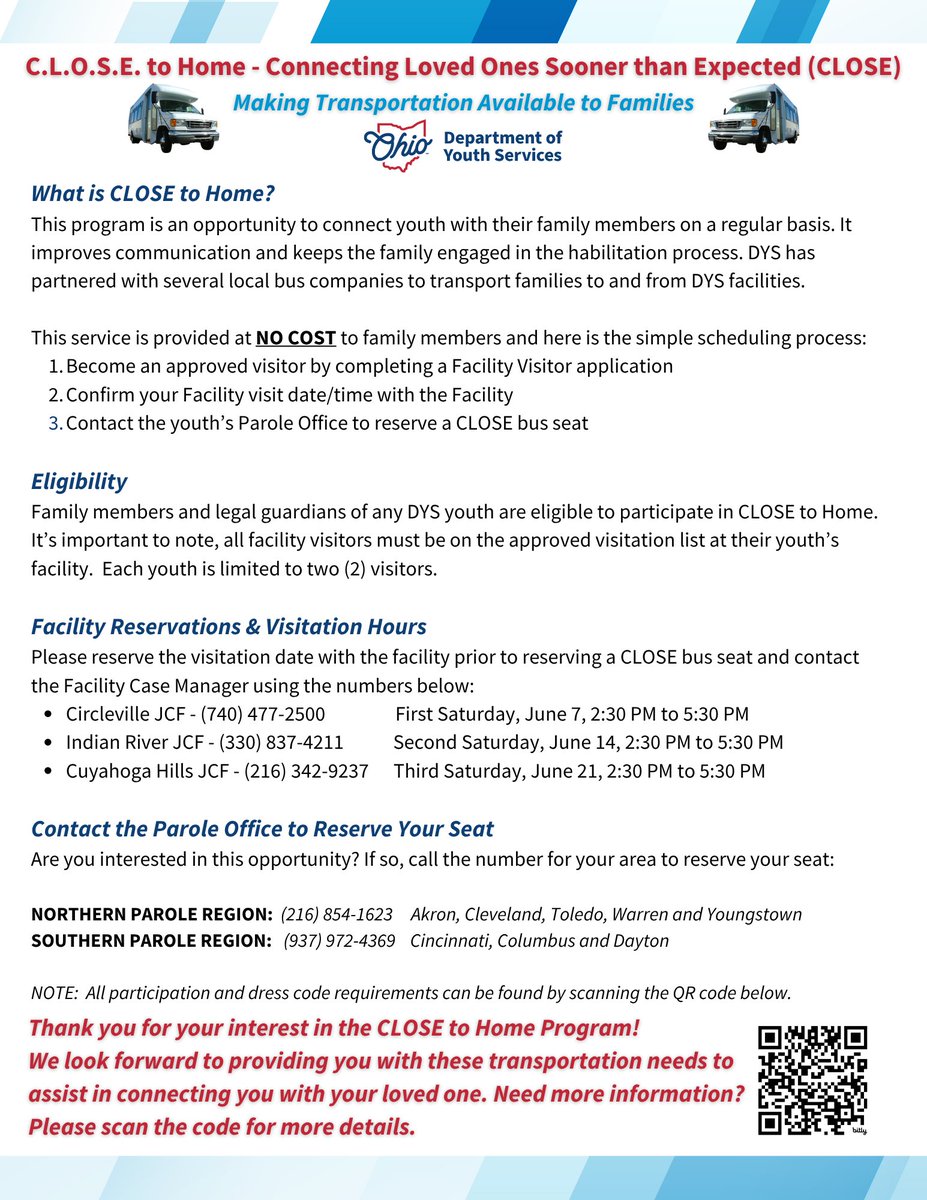 We are making transportation available to families and guardians of DYS youth. Check out the latest dates and times for transportation to our facilities below. Learn more here: dys.ohio.gov/youth-and.../r…