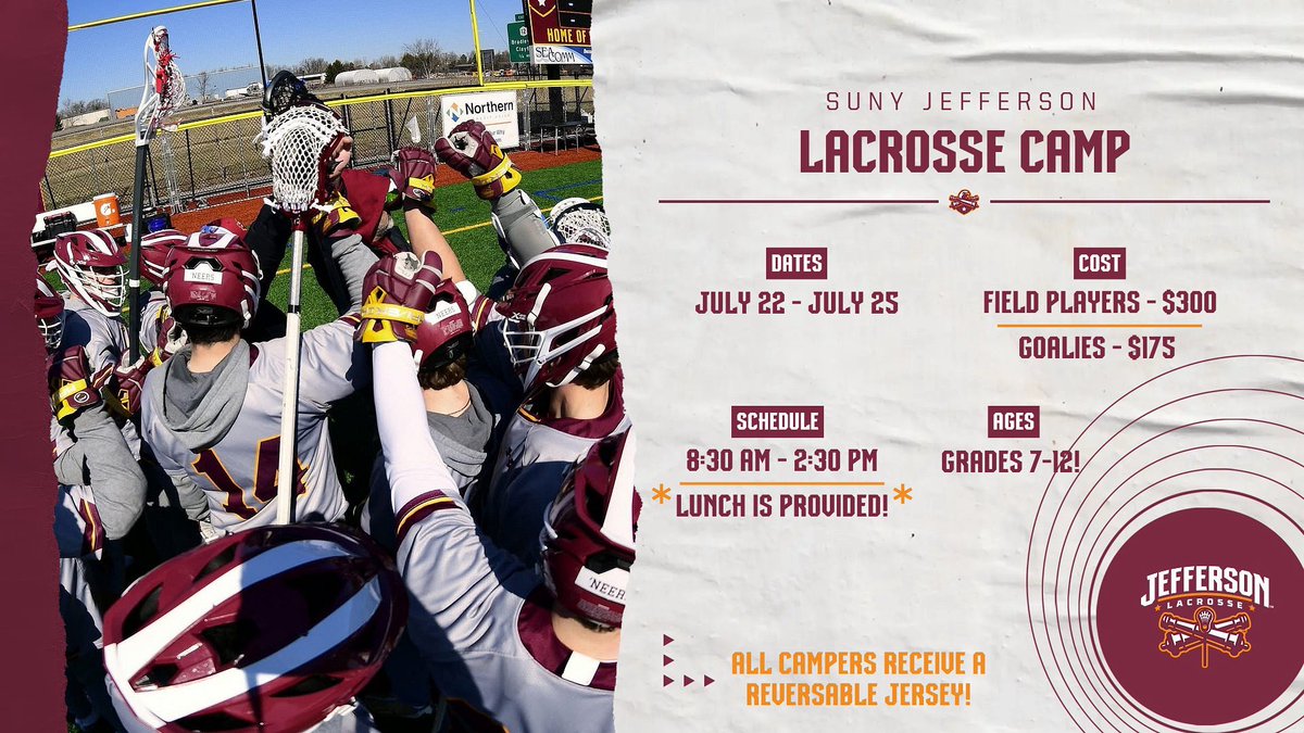 SUNY Jefferson Athletics (@cannoneers) on Twitter photo This July visit the Cannoneer Turf Complex for high level coaching from our Cannoneer Lacrosse staff and players! Open to all players grades 7-12!
🔗 Link below!
events.sunyjefferson.edu/event/suny-jef… This July visit the Cannoneer Turf Complex for high level coaching from our Cannoneer Lacrosse staff and players! Open to all players grades 7-12!
🔗 Link below!
events.sunyjefferson.edu/event/suny-jef…