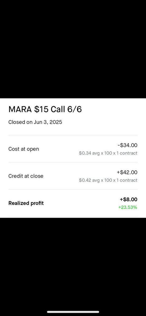 snaptick_nyse's tweet photo. 📉 MARA $15 Call Closed with Green! ✅

Sometimes small plays = consistent gains.

🔹 Entry: $0.34
🔹 Exit: $0.42
🔹 Realized Profit: +$8.00 (+23.53%)

📊 Every win counts — stacking these adds up.
💡 Precision over hype. Momentum over guessing.

🚀 Get real trades like this inside SnapTick Free:
👉 https://t.co/0mDZbVWPo5

#MARA #OptionsTrading #ProfitStacking #SnapTick #SmallWinsBigMoves #StockMarket